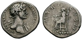 Hadrian (AD 117-138). AR denarius. Rome, AD 117. IMP CAESAR TRAIAN HADRIANVS AVG, laureate "heroic" bust of Hadrian right, seen from front, drapery on...