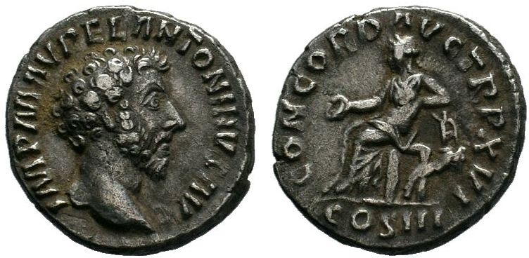 Marcus Aurelius, 161-180. Denarius (Silver, 18mm, 3.46 g 6), Rome, December 163 ...