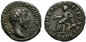 Marcus Aurelius, 161-180. Denarius (Silver, 18mm, 3.46 g 6), Rome, December 163 - December 164. M ANTONINVS AVG IMP II Bare head of Marcus Aurelius to...