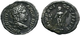 CARACALLA (197-217). Denarius. Rome.
Obv: ANTONINVS PIVS AVG BRIT.
Laureate head right.
Rev: P M TRP XVI COS IIII P P.
Hercules standing left with bra...