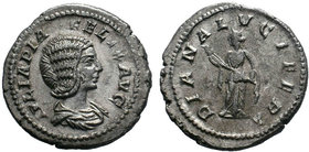 JULIA DOMNA (193-211). Denarius. Rome. Obv: IVLIA PIA FELIX AVG. Draped bust right. Rev: DIANA LVCIFERA. Diana standing facing, head left, holding tor...