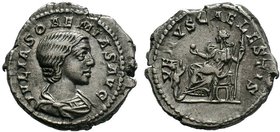 JULIA SOAEMIAS (Augusta, 218-222). Denarius. Rome. Obv: IVLIA SOAEMIAS AVG. Draped bust right. Rev: VENVS CAELESTIS. Venus seated left with apple and ...