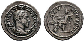 Maximinus I (235-238), AR Denarius, Rome, AD 235-236; IMP MAXIMINVS PIVS AVG, laureate, draped and cuirassed bust r., Rv. SALVS A - VGVSTI, Salus seat...