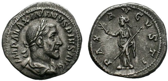Maximinus I AR Denarius. Rome, AD 235-236. IMP MAXIMINVS PIVS AVG, laureate, dra...