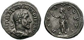 Maximinus I AR Denarius. Rome, AD 235-236. IMP MAXIMINVS PIVS AVG, laureate, draped and cuirassed bust right / PAX AVGVSTI, Pax standing left, holding...
