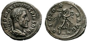 Maximinus I AR Denarius. Rome, AD 235-236. Laureate, draped, and cuirassed bust right / Victory advancing right, holding wreath and palm frond. RIC IV...