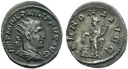 Philip I AR Antoninianus. Rome, AD 246. IMP M IVL PHILIPPVS AVG, radiate, draped, and cuirassed bust right / ANNONA AVGG, Annona standing left, holdin...