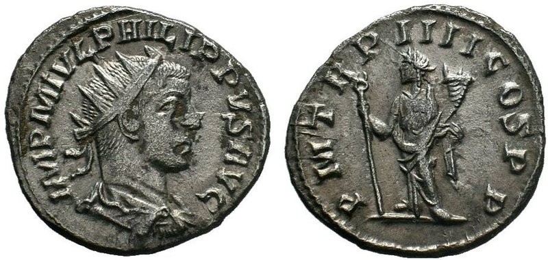 Philip II AR Antoninianus. Antioch, AD 249. IMP M IVL PHILIPPVS AVG, radiate, dr...