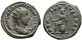 Gordian III AR Antoninianus. Rome, AD 240. IMP GORDIANVS PIVS FEL AVG, radiate and draped bust right / ROMAE AETERNAE, Roma seated left, with Victory ...