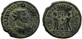 Maximian Æ Antoninianus. Antioch, AD 285-295. IMP C M AVR VAL MAXIMIANVS PF AVG, radiate, cuirassed bust right / IOV ET HERCV CONSER AVGG, Jupiter lef...