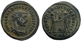 Diocletian Æ Silvered Antoninianus. Siscia, AD 293-295. IMP C C VAL DIOCLETIANVS P AVG, radiate and cuirassed bust right / CONCORDIA MILITVM, Diocleti...