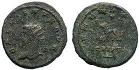 Gallienus. AD 253-268. Antoninianus. Antioch mint. 11th emission, AD 264-265. Radiate and draped bust left / Lion advancing left; to left, bull’s head...