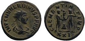 Numerian, as Caesar, Æ Antoninianus. Antioch, AD 283-284. Radiate, draped and cuirassed bust right, seen from behind / Numerian standing right, holdin...