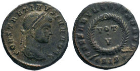 Constantine II Æ Follis. Siscia, AD 321-4. CONSTANTINVS IVN NOB C, laureate head right / CAESARVM NOSTRORVM around VOT V in two lines within laurel wr...