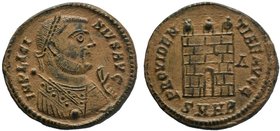 Licinius I. AD 308-324. Æ Follis . Heraclea mint, 2nd officina. Struck AD 318-320. Laureate bust right wearing imperial mantle, holding mappa in left ...