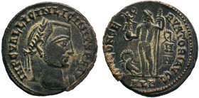 Licinius I Æ Nummus. Alexandria, AD 315-6. IMP C VAL LICIN LICINIVS PF AVG, laureate head right / IOVI CONSERVATORI AVGG, Jupiter standing left, holdi...