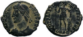 Procopius Æ Nummus. Constantinople, AD 364-367. D N PROCOPIVS P F AVG, pearl-diademed, draped and cuirassed bust left / REPARATIO FEL TEMP, emperor st...