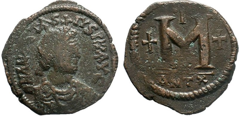 BYZANTINE. Anastasius I; 491-518 AD. Antioch, Follis,Obv: D N ANASTA - SIVS PP A...