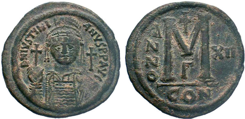 BYZANTINE.Justinian I, AE Follis. Constantinople. 527-565 AD. DN IVSTINIANVS PP ...