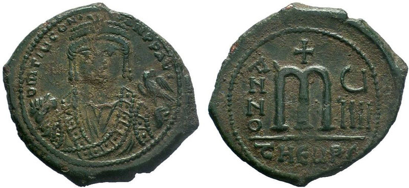BYZANTINE.Maurice Tiberius, 582-602 AD, AE Follis. Antioch as Theopolis. Garbled...