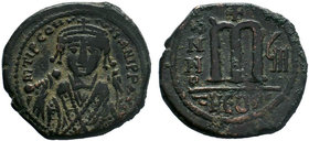 BYZANTINE.BYZANTINE.Maurice Tiberius, 582-602 AD, AE Follis. Antioch as Theopolis. Garbled legend, crowned and mantled bust facing, holding mappa and ...