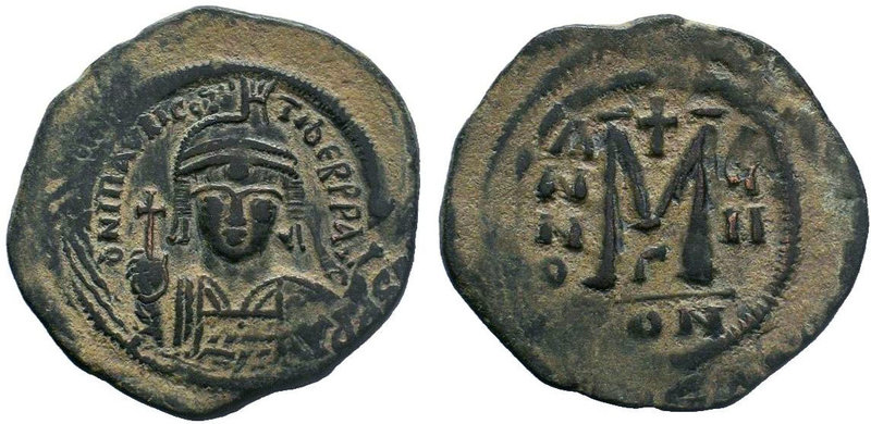 BYZANTINE.Maurice Tiberius, 582-602 AD, AE Follis. Constantinople. DN TIbER mAVR...