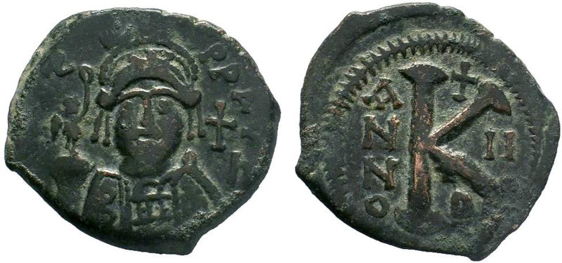 BYZANTINE.Justin II, 565 – 578 . AE Half follis. Antioch mint.DN YSTILI P P AYG ...