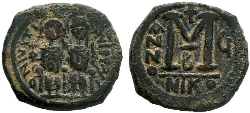 BYZANTINE.Justin II & Sophia AE Half Follis. 565-578 AD. Nicomedia mint. D N IVS...