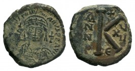 BYZANTINE.Justin I AE Half Follis. 565-578 AD. Constantinopol mint. D N IVSTINVS P P AVG, Justin at left, Sophia at right, seated facing on double-thr...
