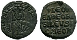 BYZANTINE.Leo VI, AE Follis, Constantinople. LEON bASILEVS ROM, crowned bust facing with short beard, wearing chlamys, holding akakia / LEON EN QEO BA...