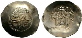 BYZANTINE.John II, 1118-1143 AD. Electrum aspron trachy. Constantinople mint. IC-XC to left and right of Christ seated facing on backless throne, righ...