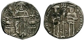 BYZANTINE.Andronicus II and Michael IX. 1295-1320. AR Basilikon 2.10 gm. Constantinople mint. Christ seated facing, sometimes with star to left and ri...