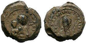 Lead seal of John N., and epi ton deeseon
(11th cent.)
Condition: Slightly off-centered, trimmed on either side, otherwise F. 

Obverse: Bust of Mothe...