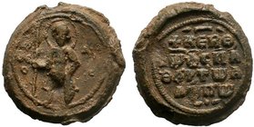 Byzantine lead seal of John Alopos the protospatharios (ca 11th cent.)
Condition: Some strikes and earth deposits, otherwise F/VF. Attractive natural ...