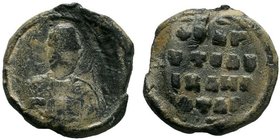 Byzantine lead seal of an uncertain officer (ca 12th cent.)
Obverse: The bust of saint Nicholaos in prelate's garments, facial, nimbate, blessing by h...