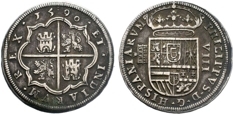 FELIPE II, Very RARE!
Segovia, Ingenio. 8 reales. 1590. Estrellas de seis punta...