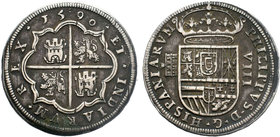 FELIPE II, Very RARE!
Segovia, Ingenio. 8 reales. 1590. Estrellas de seis puntas separando ley. del anv. Ceca y valor acotados por estrellas y dos de...