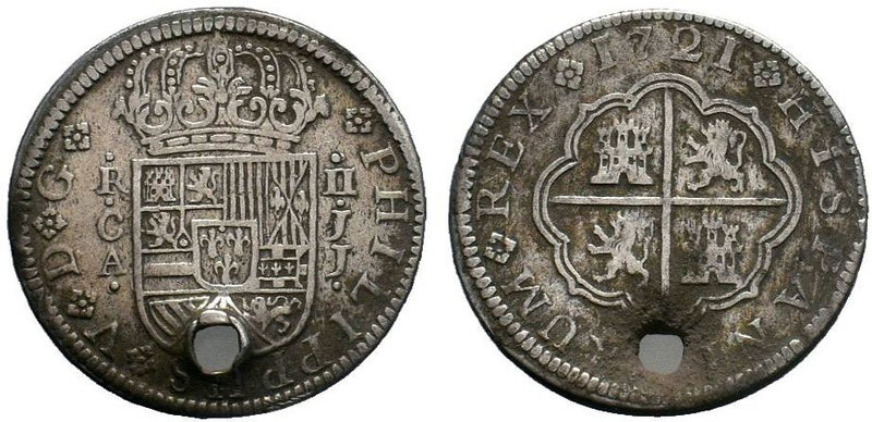 Spain, Fillipe V, AR 2 Reales, Cuenca 1721. PHILIPPUS V D G, Crowned shield of S...