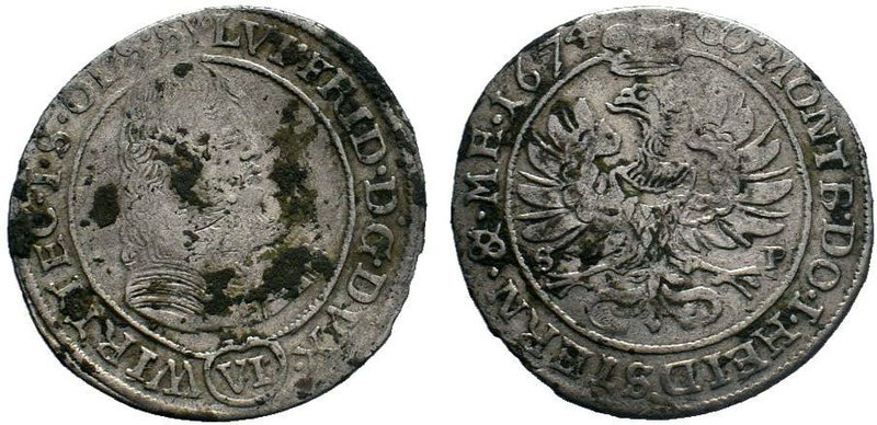 GERMANY. Silesia-Württemberg-Öls. Sylvius Friedrich (1668-1697). Kreuzer.
Obv: S...
