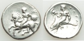 CALABRIA. Tarentum. Ca. early-3rd century BC. AR stater or didrachm (22mm, 7.68 gm, 1h). Fine. Ca. 380-340 BC, H- and I-, magistrates. Nude youth dism...