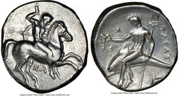 CALABRIA. Tarentum. Ca. 332-302 BC. AR stater or didrachm (21mm, 7h). NGC VF, smoothing. Sa-, A- and S-, magistrates. Nude warrior on horse rearing ri...