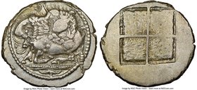 MACEDON. Acanthus. Ca. 470-430 BC. AR tetradrachm (28mm, 16.95 gm). NGC Choice VF 3/5 - 4/5. Lion springing right, attacking bull kneeling to left wit...