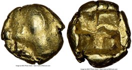 IONIA. Uncertain mint. Ca. 625-550 BC. EL 1/24 stater or myshemihecte (6mm). NGC AU 4/5 - 4/5. Head of roaring lion right (?) / Mill-sail incuse squar...