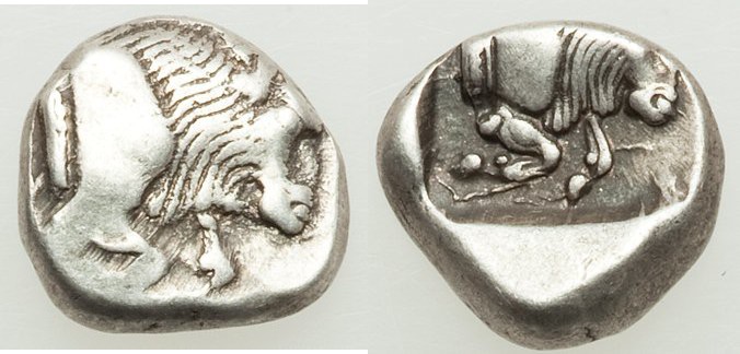 CARIA. Uncertain mint. Ca. 450-400 BC. AR obol (9mm, 1.18 gm, 11h). About VF. Mi...