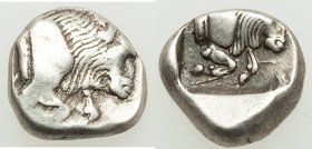 CARIA. Uncertain mint. Ca. 450-400 BC. AR obol (9mm, 1.18 gm, 11h). About VF. Milesian standard. Forepart of bull right, truncation decorated with pel...