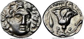 CARIAN ISLANDS. Rhodes. Ca. 205-190 BC. AR hemidrachm (12mm, 12h). NGC Choice XF, brushed. Peisicrates, magistrate. Facing head of Helios, turned slig...