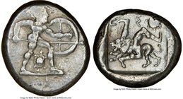 PAMPHYLIA. Aspendus. Ca. mid-5th century BC. AR stater (21mm, 10h). NGC VF. Helmeted nude hoplite warrior advancing right, shield in left hand, spear ...