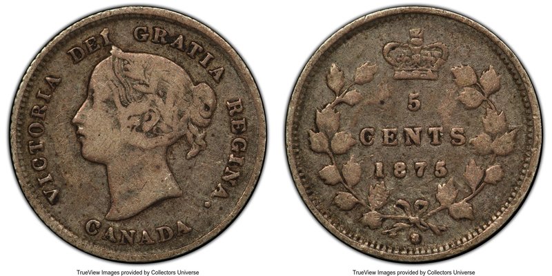 Victoria 5 Cents 1875-H F15 PCGS, Heaton mint, KM2. Large date variety.

HID0980...