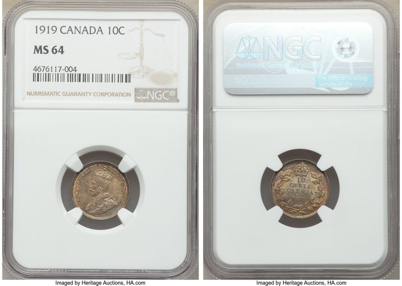 George V 10 Cents 1919 MS64 NGC, Ottawa mint, KM23.

HID09801242017