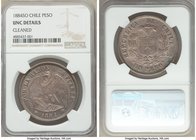 Republic Peso 1884-So UNC Details (Cleaned) NGC, Santiago mint, KM142.1. Plumed arms within wreath / Condor with wings spread and shield. Exceptionall...